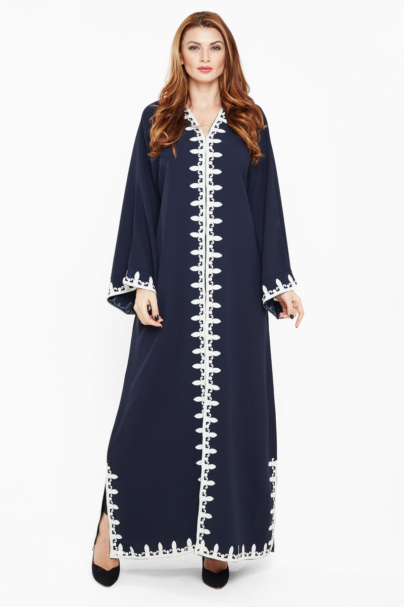 NUKHBAA Navy abaya with white trim-AJ410A - Image 1