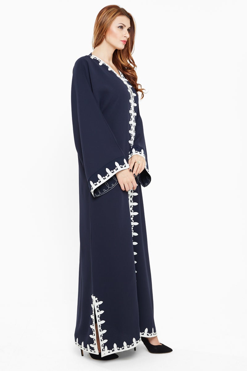 NUKHBAA Navy abaya with white trim-AJ410A - Image 2