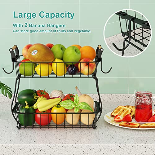ANTOPY 2 Tier Fruit Basket with 2 Banana Hangers, Countertop Fruit Vegetable Basket Bowl for Kitchen Counter Metal Wire Fruits Storage Stand Holder Organizer for Bread Snack Veggies Produce - Image 2