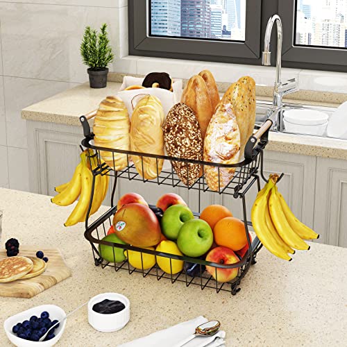ANTOPY 2 Tier Fruit Basket with 2 Banana Hangers, Countertop Fruit Vegetable Basket Bowl for Kitchen Counter Metal Wire Fruits Storage Stand Holder Organizer for Bread Snack Veggies Produce - Image 5