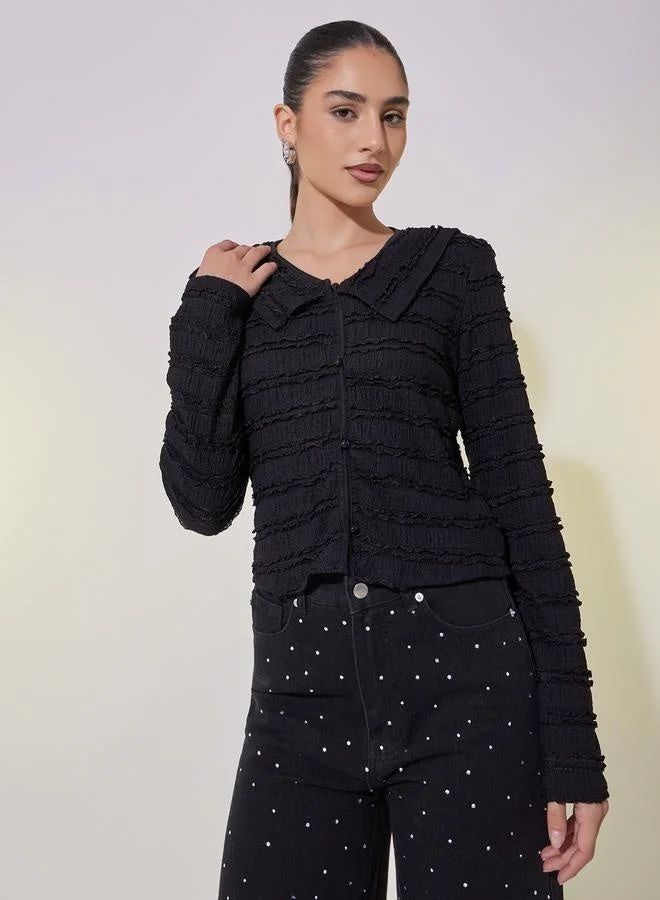 Take Two Textured Long Sleeve Crop Shirt with Ruffle Detail