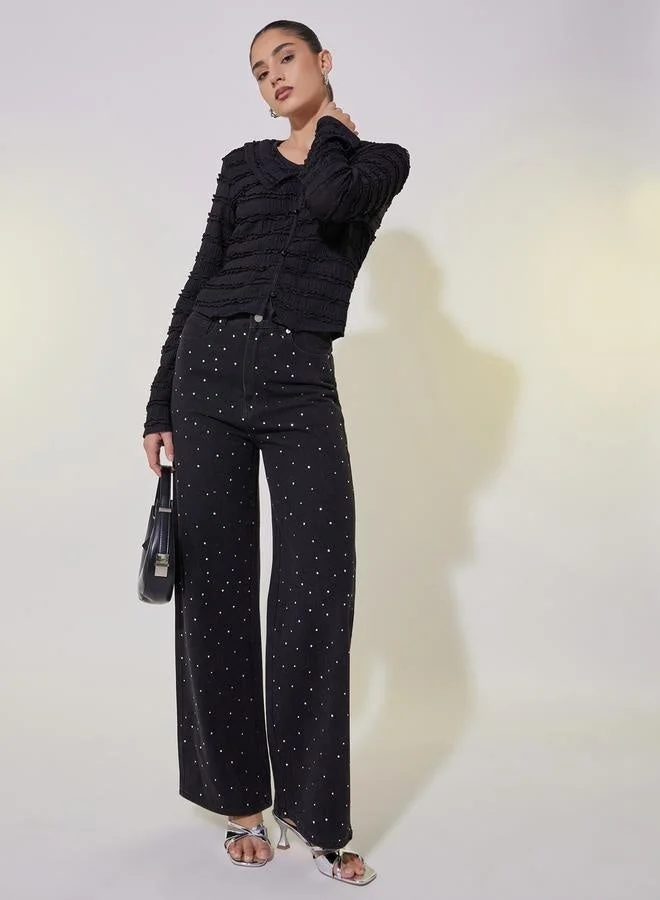 Take Two Textured Long Sleeve Crop Shirt with Ruffle Detail