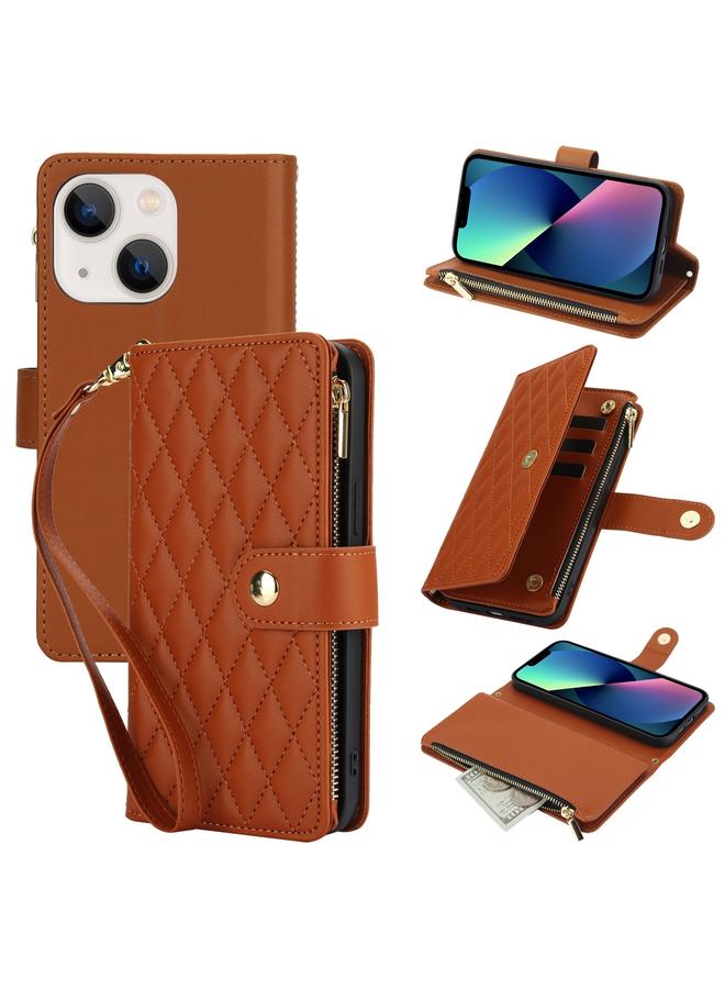 زبون جراب هاتف iPhone 13 mini YM016 محفظة بطاقات بسحاب معيني من الجلد مع حبل تعليق - Image 1