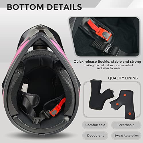 SanQing Motocross Helmet,Youth Kids Trend Full Face,ATV Motorcycle,Dirt Bike Downhill Off-Road Mountain Bike Helmet,DOT Certified,4-Piece Set (Pink, S) - Image 5