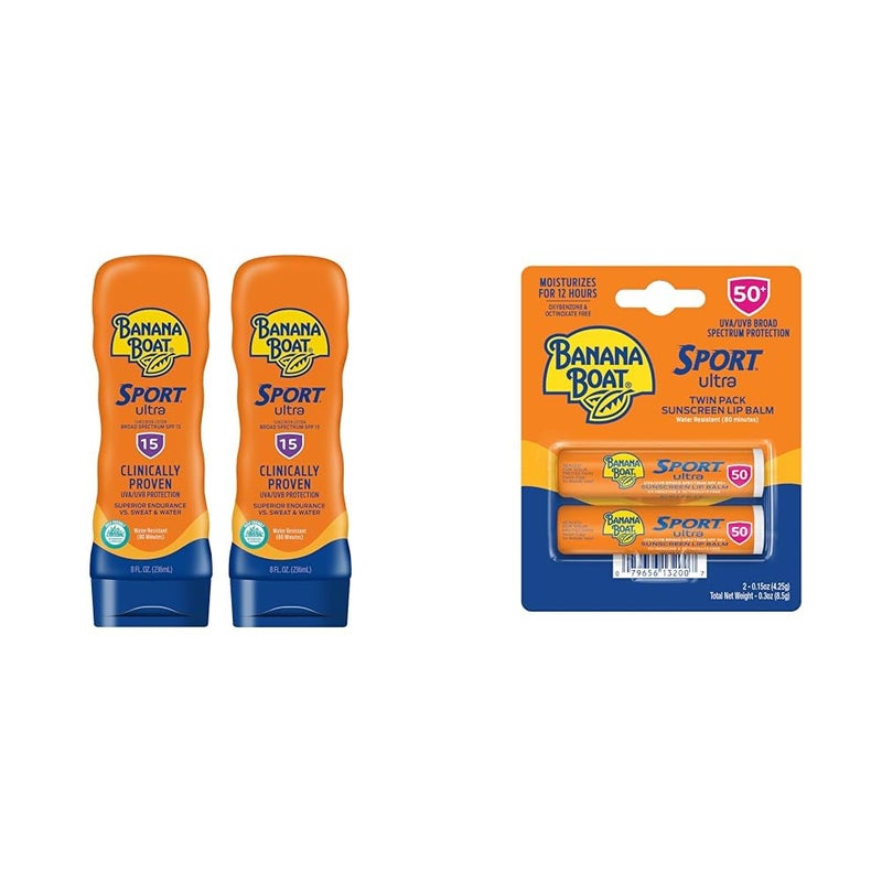 BANANA BOAT Banana Boat Sport Ultra SPF 15 Sunscreen Lotion 8oz Twin Pack  SPF 50 Lip Balm 2 Pack 