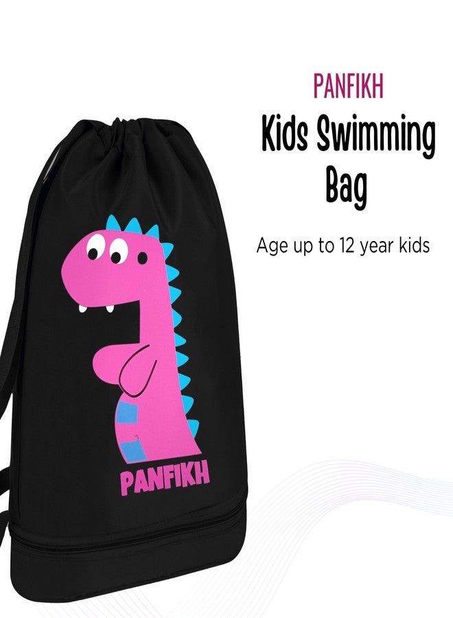 PANFIKH Swimming Bag for Kids with Drawstring Closure and Wet & Dry Separation Pockets Swim Accessories Backpack for Girls and Boys Age upto 8 to 13 years (Black-Pink) - Image 2