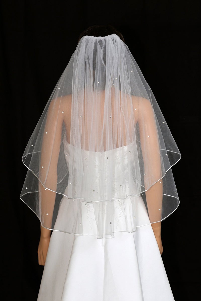 SAMKY 2T 2 Tier Rattail Scattered Rhinestone Bridal Wedding Veil - Light Ivory Fingertip Length 36" - Image 2