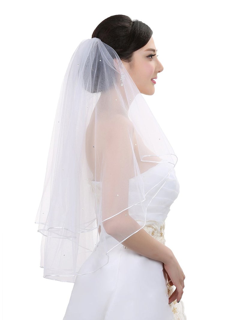 SAMKY 2T 2 Tier Rattail Scattered Rhinestone Bridal Wedding Veil - Light Ivory Fingertip Length 36" - Image 3
