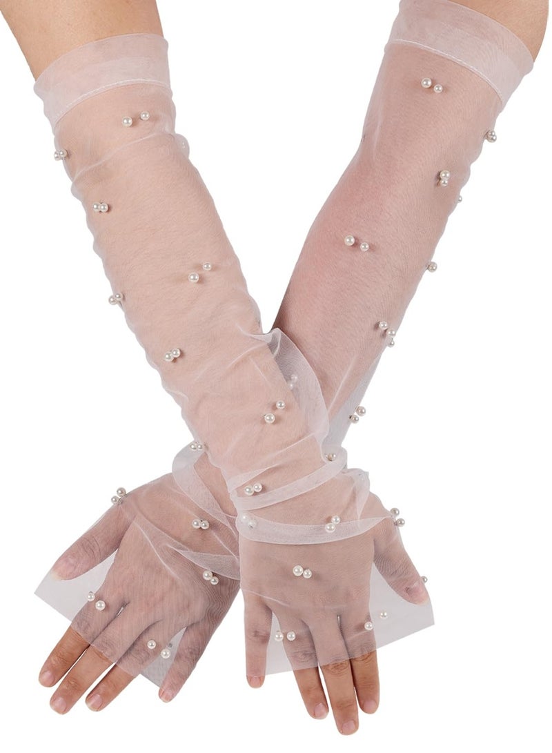 2Pcs Pearl Gloves White Gloves Women Formal Wedding Gloves for Bride Elegant Fingerless Tulle Gloves for Women Perfect for Opera Costume Party Dance 18inch Long Bridal Gloves White - Image 1