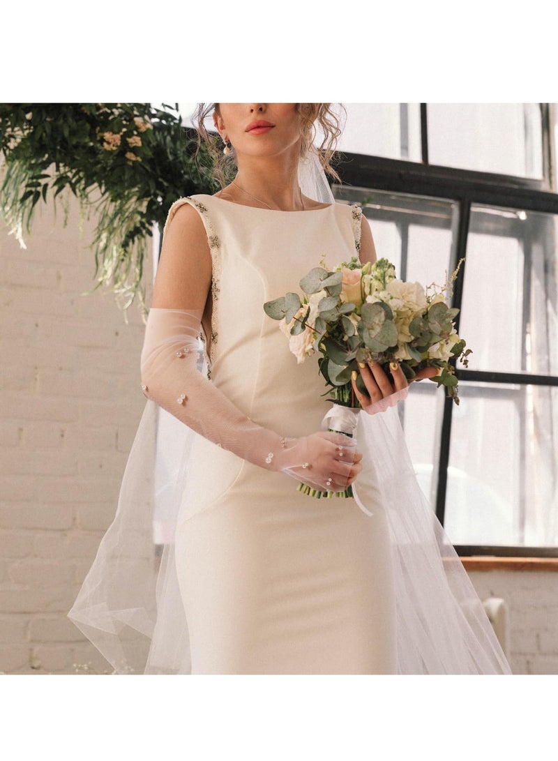 2Pcs Pearl Gloves White Gloves Women Formal Wedding Gloves for Bride Elegant Fingerless Tulle Gloves for Women Perfect for Opera Costume Party Dance 18inch Long Bridal Gloves White - Image 4