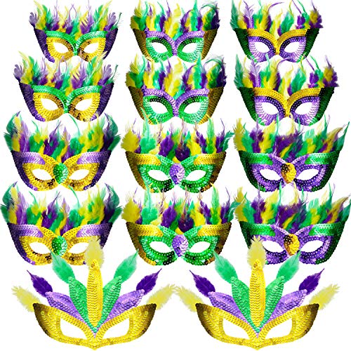 Gejoy 14 Pieces Mardi Gras Feather Mask Carnival Gold Green Purple Masquerade Masks for Mardi Gras Costume Party Favors Photo Props - Image 1