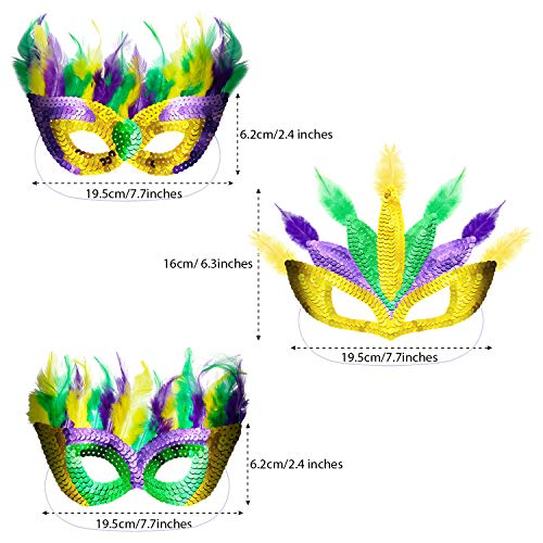 Gejoy 14 Pieces Mardi Gras Feather Mask Carnival Gold Green Purple Masquerade Masks for Mardi Gras Costume Party Favors Photo Props - Image 5