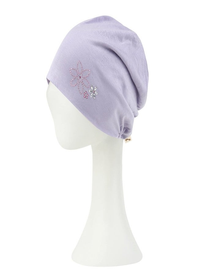ililily Tencel Lyocell Flower Trim Chemo Hair Loss Beanie Ultra Soft Stretchable Head Cover Sleep Hat, Lavender Purple_Rhinestone - Image 4