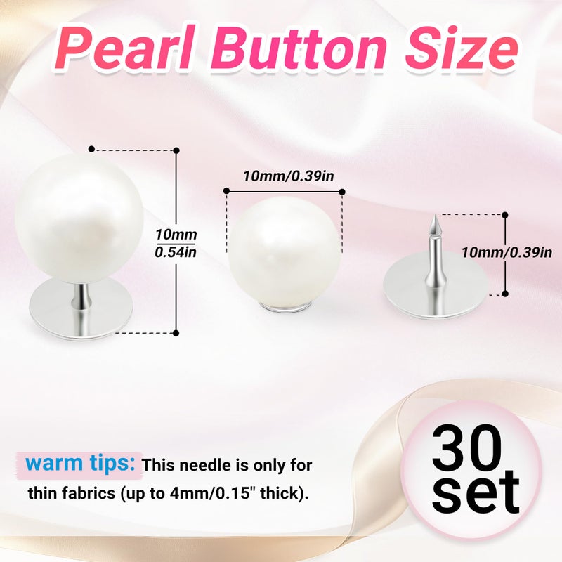 PIGORY 30 Sets Pearl Buttons No Sew Buttons for Clothes, 10mm Pearl Brooch Pins Reusable for Women, White Safety Pins for Dresses, Shirts, DIY Crafts, Fashion Decorative Accessories - Image 2