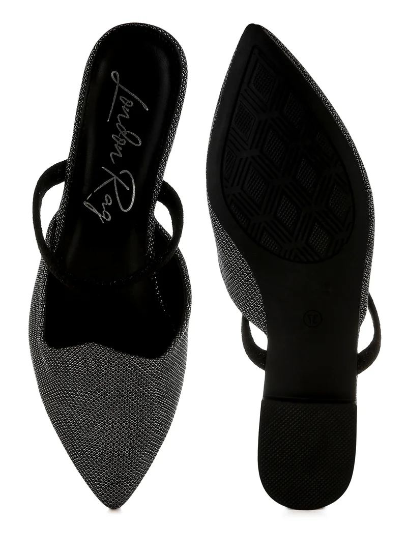 London Rag Glitter Faux Leather Flat Mules in Black