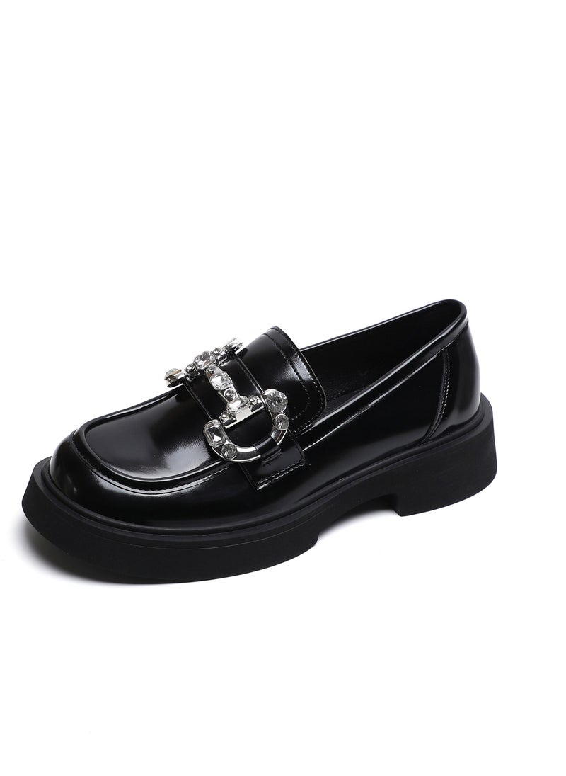 Loquat Rhinestone Round Toed English Leather Shoes Black  - Image 1