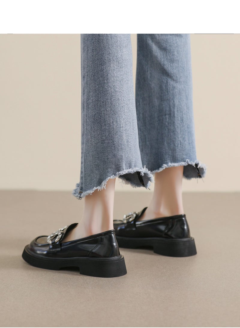 Loquat Rhinestone Round Toed English Leather Shoes Black  - Image 3