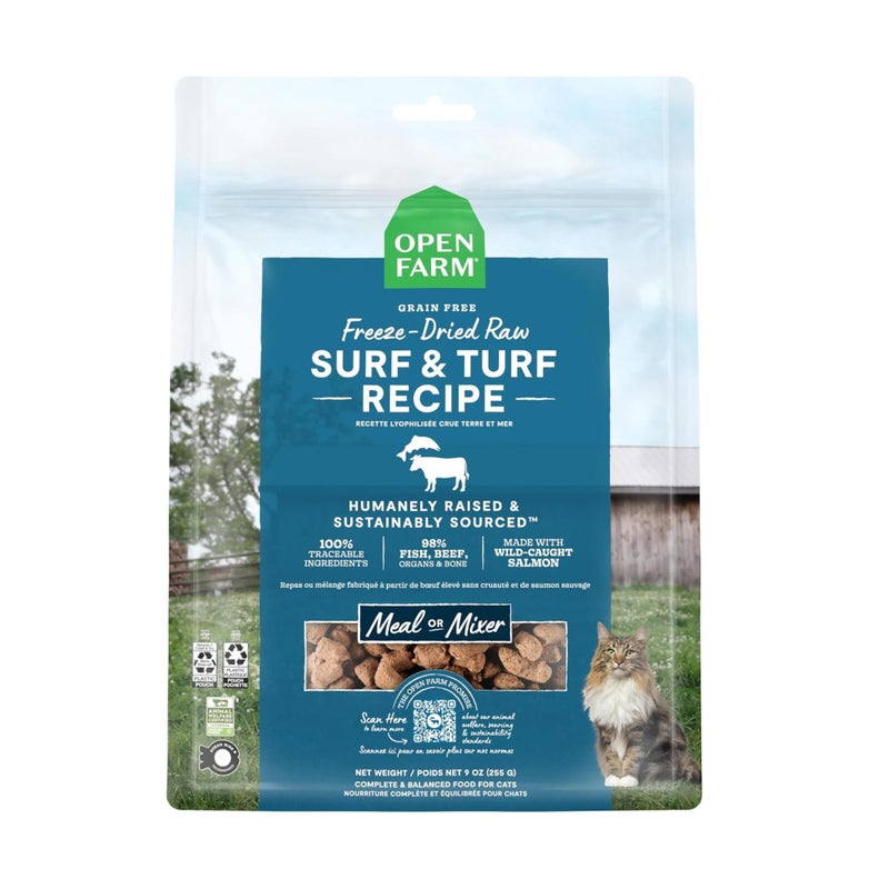 Open Farm, Freeze Dried Raw Cat Food, Complete Meal Morsels or Cat Treats with 92% Meat, Organs & Bone, Surf & Turf Recipe, 9oz Bag - Image 1
