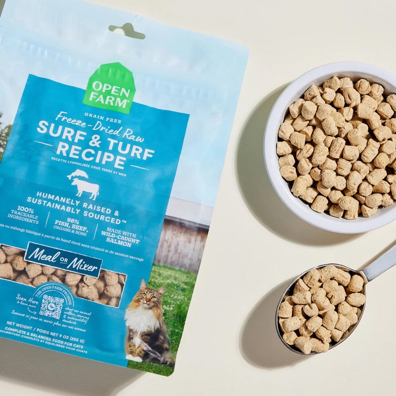 Open Farm, Freeze Dried Raw Cat Food, Complete Meal Morsels or Cat Treats with 92% Meat, Organs & Bone, Surf & Turf Recipe, 9oz Bag - Image 3