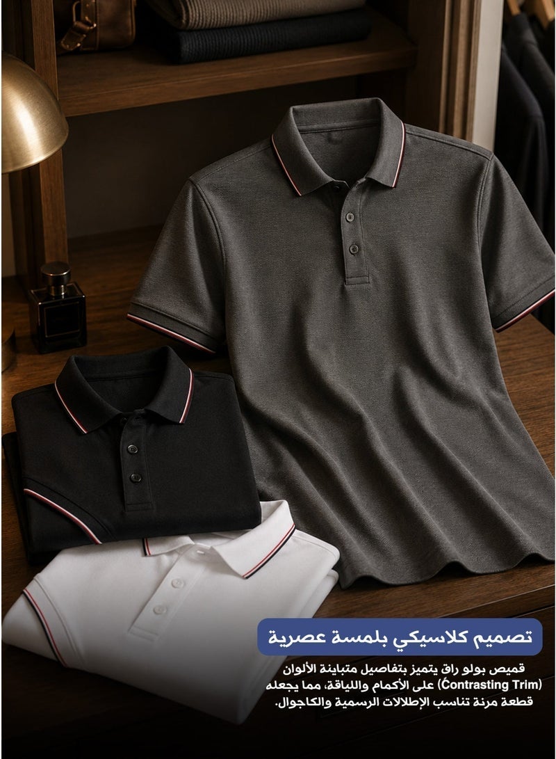 tag Men's Summer Polo Shirt, 100% Egyptian Cotton, 3-Piece Set by TAG, Soft & Breathable Fabric, Basic Colors (Black – White – Grey) - Image 2
