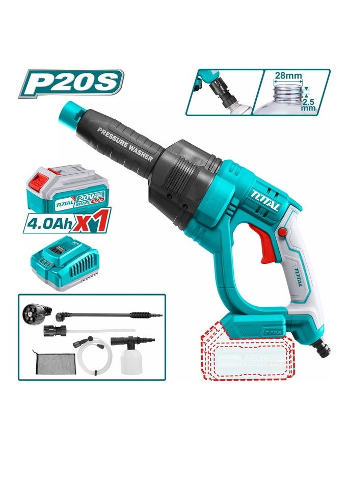TOTAL TOTAL Cordless Pressure Washer 20V – 24.8Bar Max Pressure, 2.2L/min Flow Rate, Includes 4.0AH Battery, Fast Charger, 6-Pattern Spray Gun, Foam Producer & Portable Bag – Ideal for Outdoor Cleaning  - Image 1