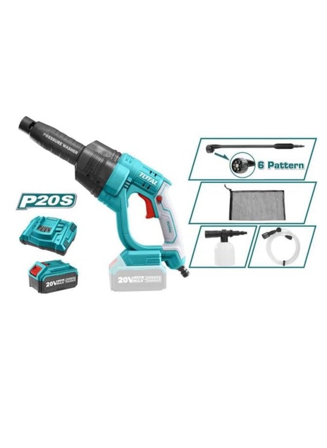 TOTAL TOTAL Cordless Pressure Washer 20V – 24.8Bar Max Pressure, 2.2L/min Flow Rate, Includes 4.0AH Battery, Fast Charger, 6-Pattern Spray Gun, Foam Producer & Portable Bag – Ideal for Outdoor Cleaning  - Image 2