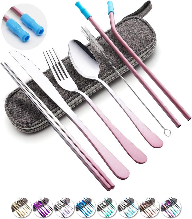 OASMU Travel Utensils Set with Case Reusable Portable Cutlery Set Stainless Steel 8pcs Including Dinner Knife Fork Spoon Chopsticks straws(Gradient Pink) - Image 1