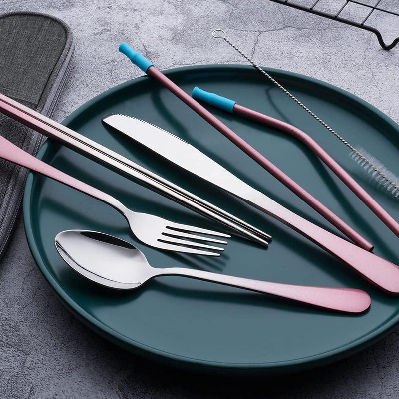OASMU Travel Utensils Set with Case Reusable Portable Cutlery Set Stainless Steel 8pcs Including Dinner Knife Fork Spoon Chopsticks straws(Gradient Pink) - Image 2