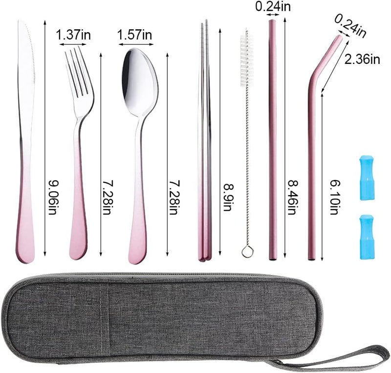OASMU Travel Utensils Set with Case Reusable Portable Cutlery Set Stainless Steel 8pcs Including Dinner Knife Fork Spoon Chopsticks straws(Gradient Pink) - Image 3