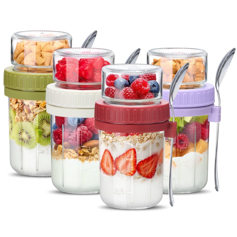 Danmu 4 Pack Overnight Oats Containers with Lids 16 oz,Dual-Layer Yogurt Parfait Cups with Lids,Meal Prep Containers Glass for Snack,Overnight Oats,Yogurt,Parfait,Salad Dishwasher Safe - Image 1