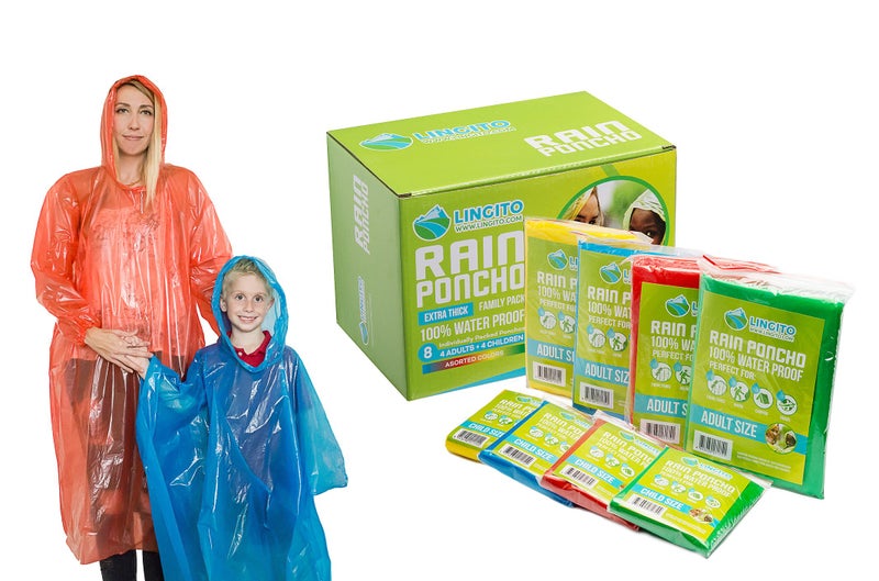 Lingito Rain Poncho Family Pack: Extra Thick -Disposable Emergency Rain Ponchos for Men, Women and Teens, Children (8pack) - Image 1