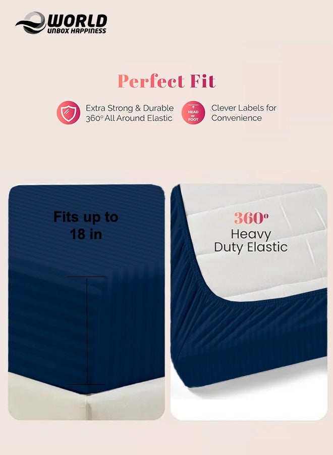 إي وورلد ملاءة سرير مزوّدة بسطح مطاطي من الألياف الدقيقة بخطوط باللون الأزرق، بجيب عميق لملاءمة محكمة، قابلة للتنفس وسهلة الغسل في الغسالة لحماية مثالية، متوفرة بمقاسات كينغ وكوين وسنجل، بدون غطاء وسادة - Image 4