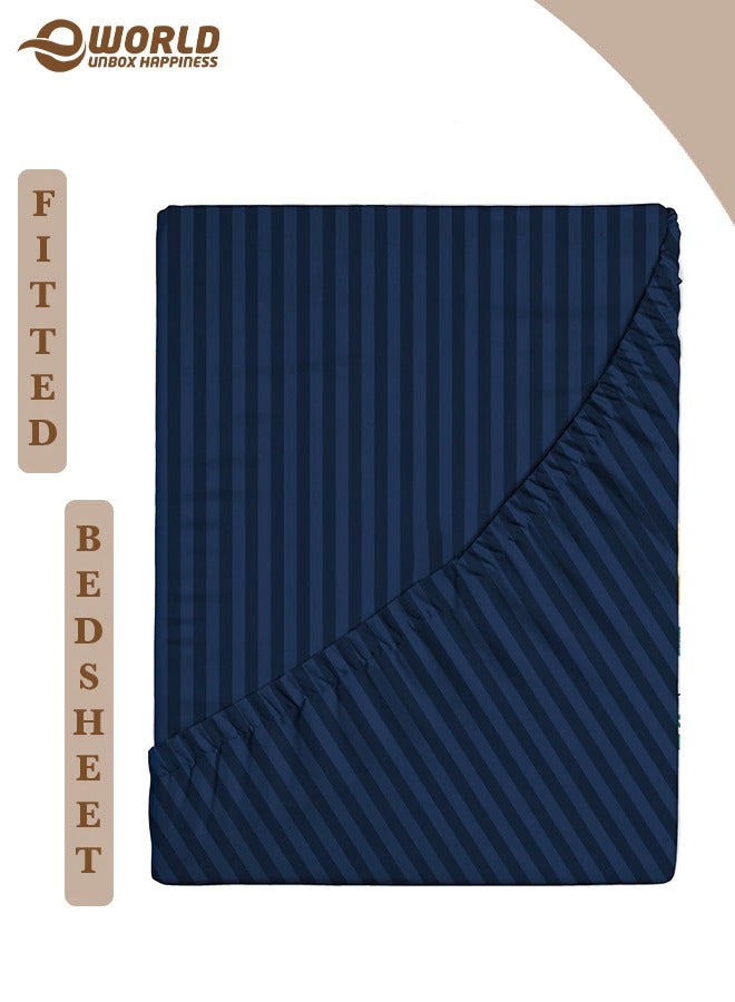 إي وورلد ملاءة سرير مزوّدة بسطح مطاطي من الألياف الدقيقة بخطوط باللون الأزرق، بجيب عميق لملاءمة محكمة، قابلة للتنفس وسهلة الغسل في الغسالة لحماية مثالية، متوفرة بمقاسات كينغ وكوين وسنجل، بدون غطاء وسادة - Image 1