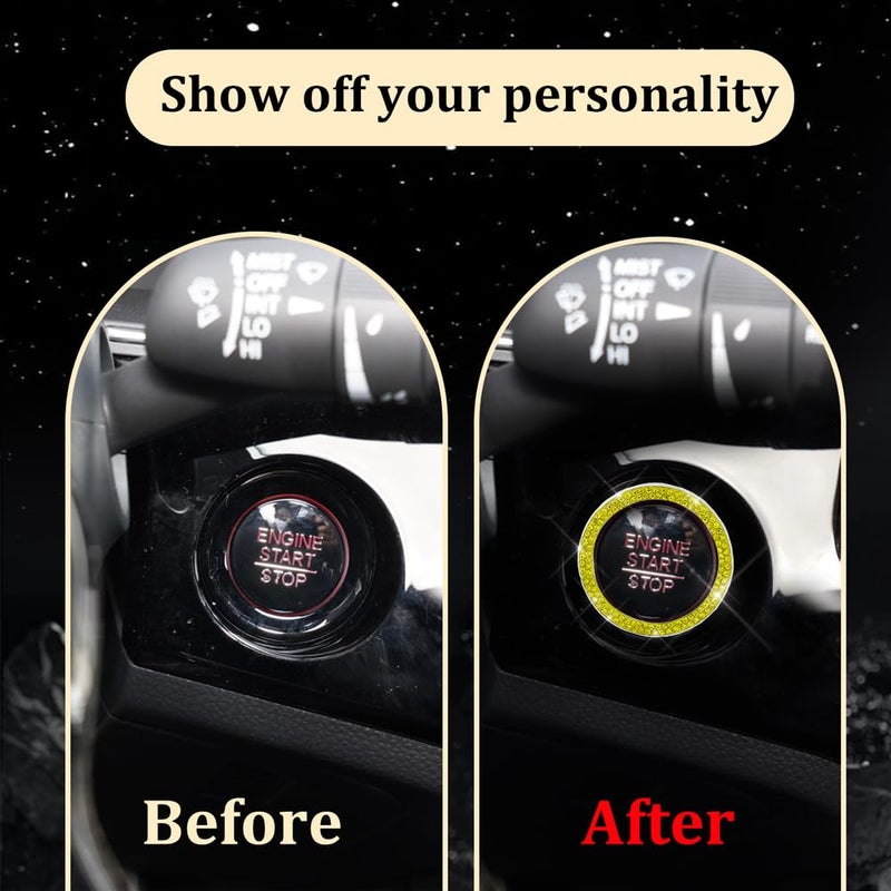 2 قطعة من حلقة زخرفية من الكريستال والراينستون لزر تشغيل/إيقاف محرك السيارة، حلقة مقاومة للخدش لمفتاح الإشعال والمقبض، ملصق لامع لزر بدء التشغيل للسيارة (أصفر، قطعتان) سهل الالتقاط والاستخدام - Image 5
