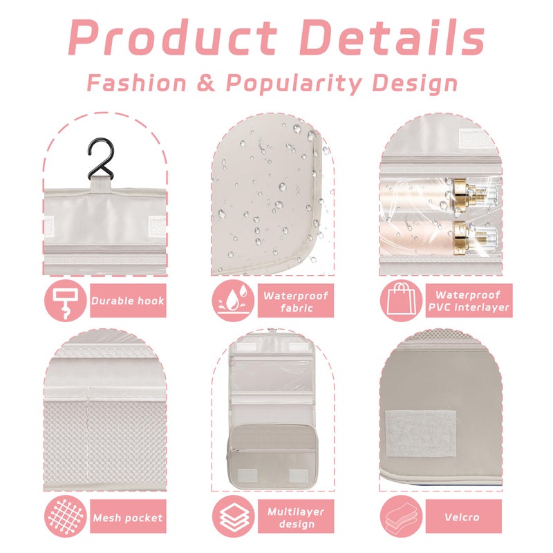 YEMEDA Toiletry Bag Travel Bag with Hanging Hook, Waterproof Capacity Hanging Multifunctional Makeup Bag for Toiletries, Portable Cosmetic Bag Travel Organizer for Women and Men(Beige) - Image 3