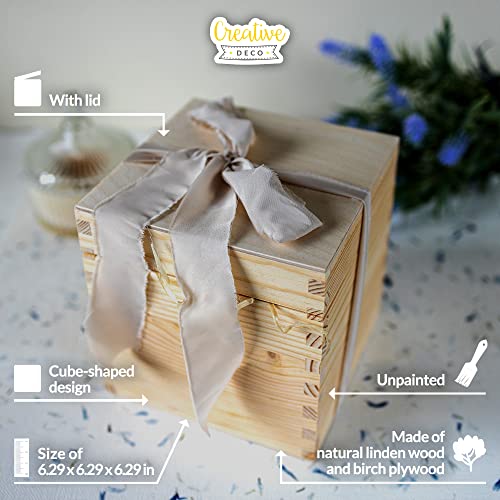 Creative Deco Wooden Storage Box Cube Square | 6.29 x 6.29 x 6.29 in | with Lid & Without Handles | Plain, Unpainted & Unfinished | Office Storage Jewelry Box Keepsake Trinket Chest Treasure - Image 4