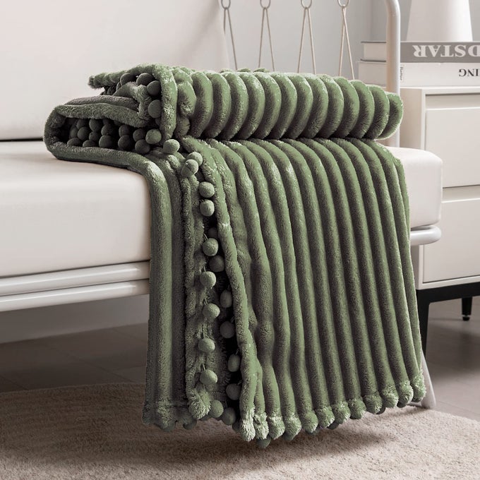 FLEECE BLANKET THROW SIZE 51X63 OLIVE GREEN SOFT PLUSH FLUFFY FUZZY WARM COZY PERFECT THROW FOR COUCH BED SOFA WITH POMPOM FRINGE FLANNEL BLANKET THROW BLANKET