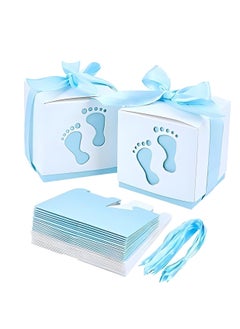 ECVV 50 Pcs Gift Bags Candy Box 6 * 6 * 6cm Cute Creative Paper Boxes Hollow Design Baby Footprints Baby Showers, Birthday Party Favor, Wedding, Anniversary Supplies with Blue Ribbon