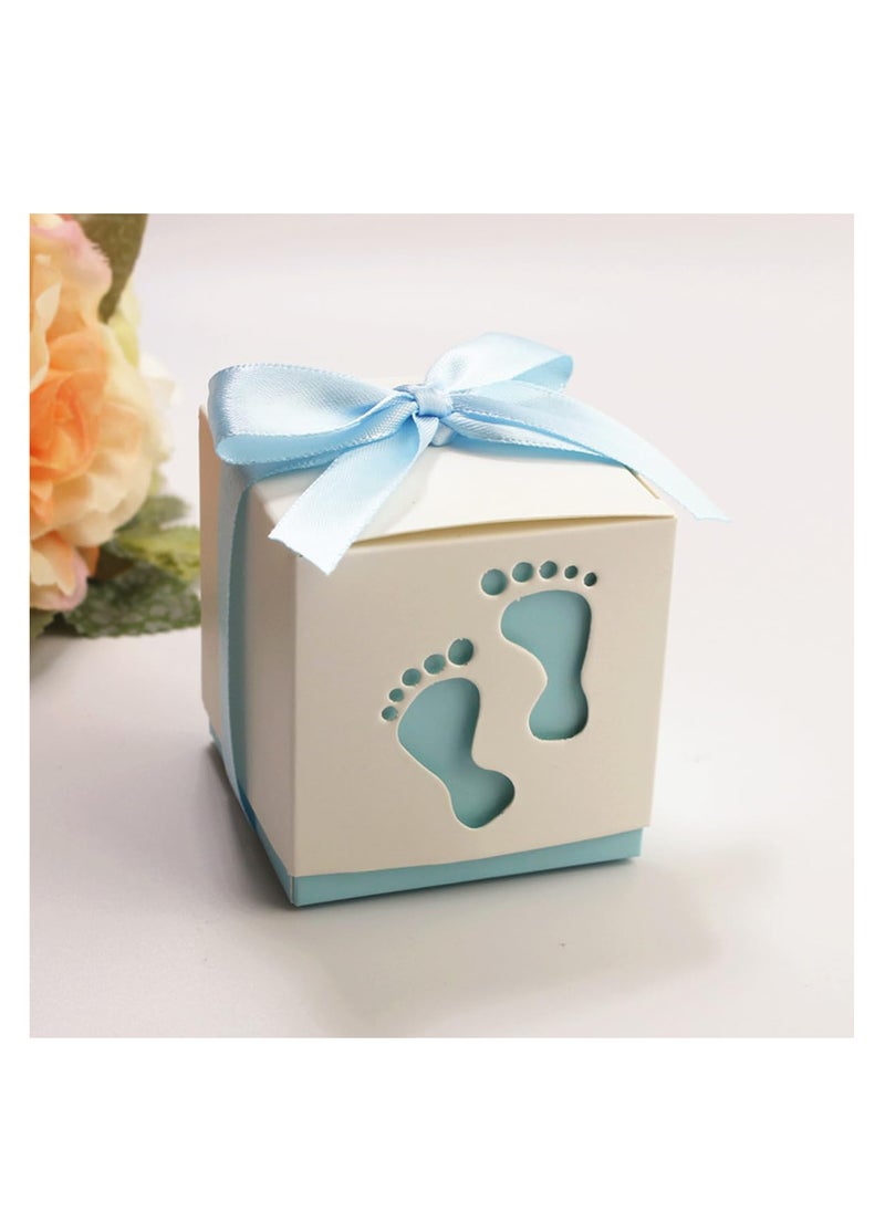 ECVV - ECVV 50 Pcs Gift Bags Candy Box 6 * 6 * 6cm Cute Creative Paper Boxes Hollow Design Baby Footprints Baby Showers, Birthday Party Favor, Wedding, Anniversary Supplies with Blue Ribbon - Image 1