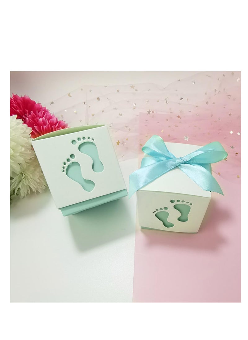 ECVV - ECVV 50 Pcs Gift Bags Candy Box 6 * 6 * 6cm Cute Creative Paper Boxes Hollow Design Baby Footprints Baby Showers, Birthday Party Favor, Wedding, Anniversary Supplies with Blue Ribbon - Image 1