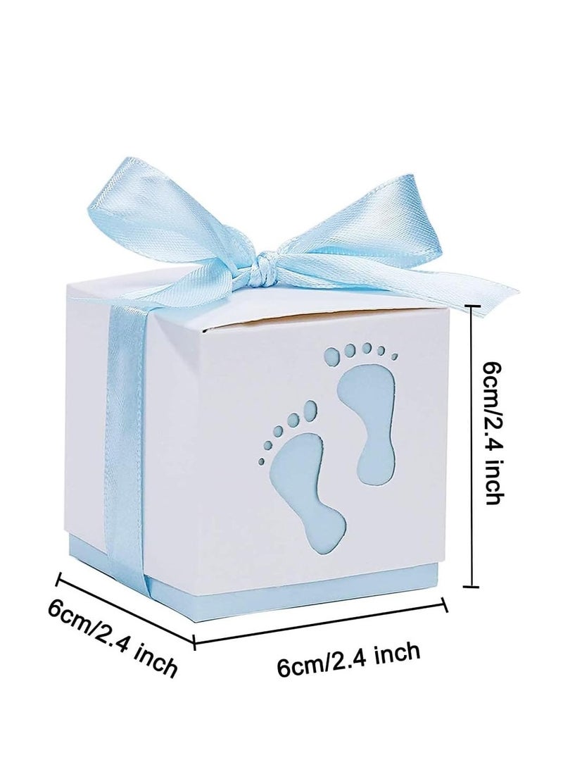 ECVV - ECVV 50 Pcs Gift Bags Candy Box 6 * 6 * 6cm Cute Creative Paper Boxes Hollow Design Baby Footprints Baby Showers, Birthday Party Favor, Wedding, Anniversary Supplies with Blue Ribbon - Image 1