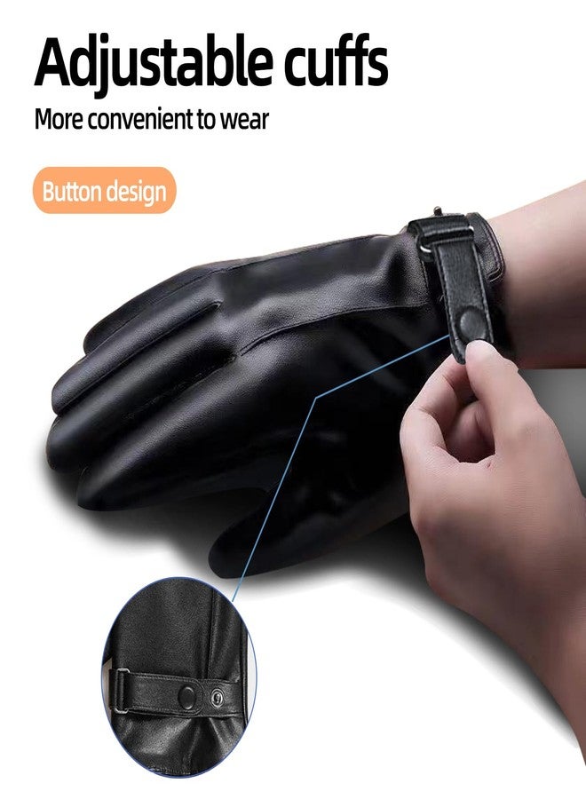 POONWEI Leather Gloves For Men,Warm Touchscreen Gloves For Winter Riding Motor Gloves Adjustable Black Soft Gloves Cashmere Lining - Image 4