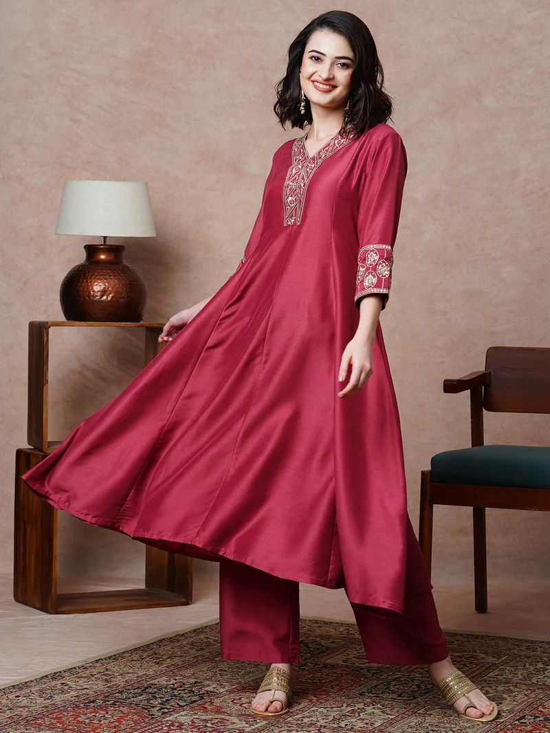 globus Women Floral Embroidered Sequinned A Line Kurta & Trouser Set