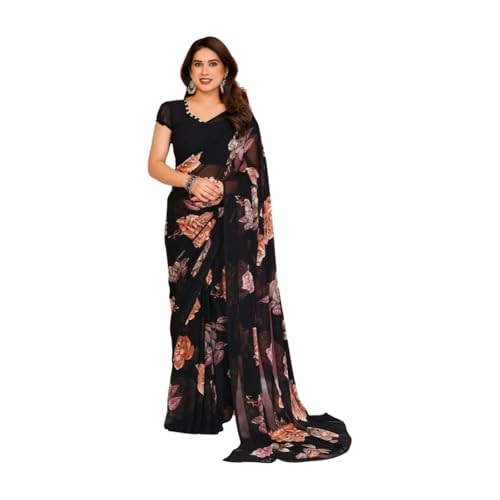 Shiv Textiles Women's Georgette Floral Printed Saree(VND-612-BLACK-ORANGE) - Image 1