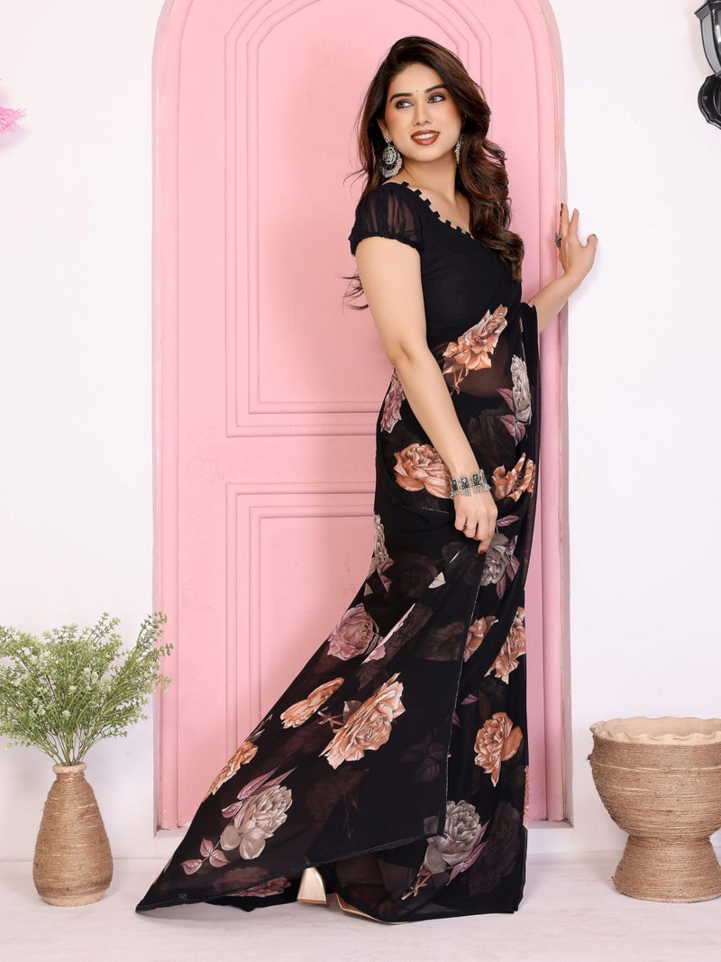 Shiv Textiles Women's Georgette Floral Printed Saree(VND-612-BLACK-ORANGE) - Image 4