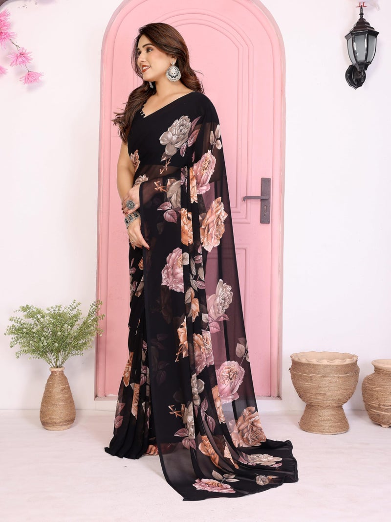 Shiv Textiles Women's Georgette Floral Printed Saree(VND-612-BLACK-ORANGE) - Image 3