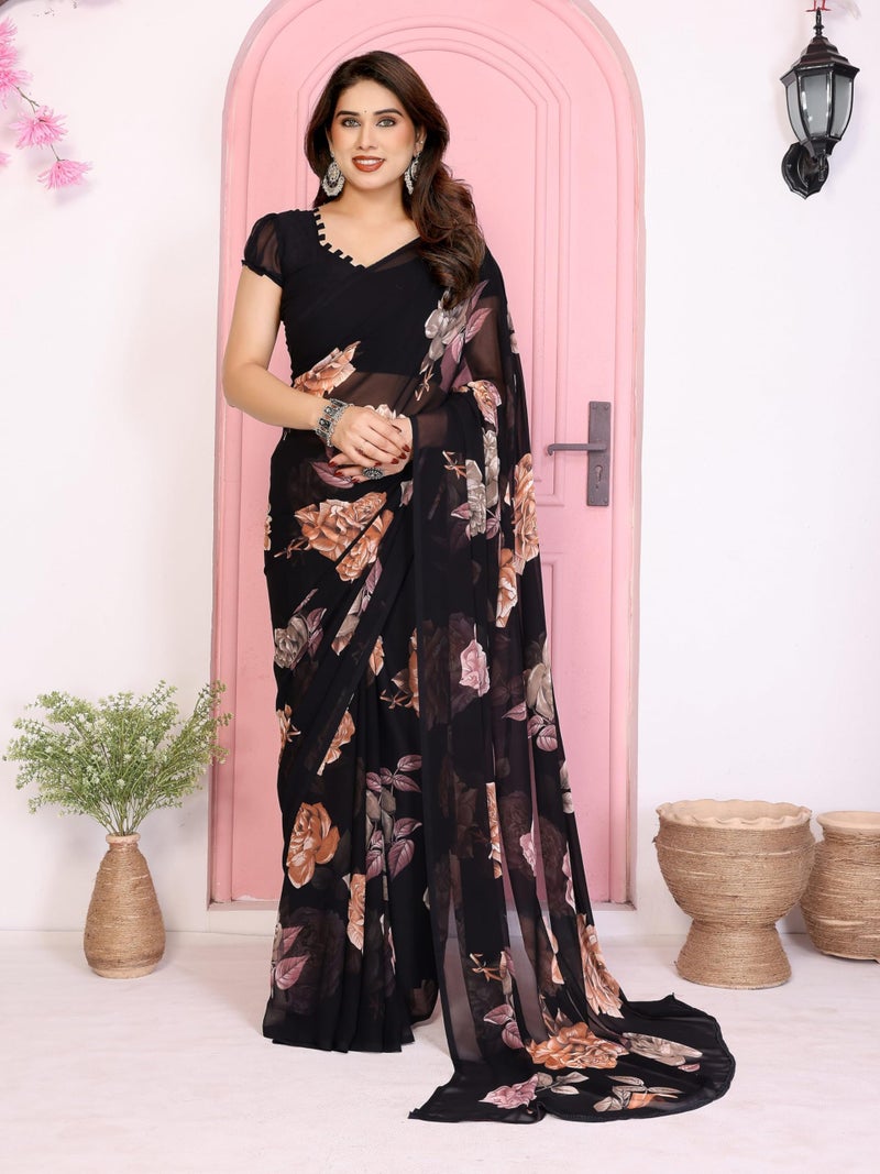 Shiv Textiles Women's Georgette Floral Printed Saree(VND-612-BLACK-ORANGE) - Image 2