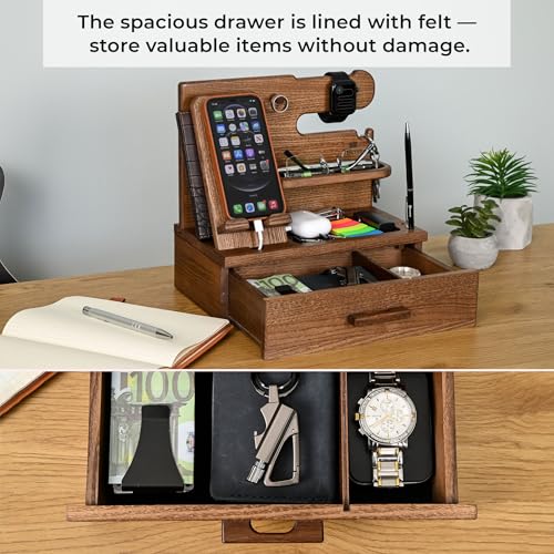TESLYAR Wood Phone Docking Station with Drawer - Nightstand Organizer - Desk Organizer for Husband - Birthday Gifts for Men, Dad, Anniversary Idea, Key Holder Stand Watch & Accessories (Earth Beige) - Image 2