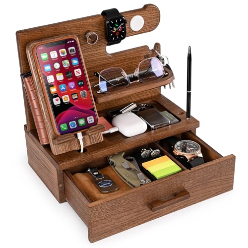 TESLYAR Wood Phone Docking Station with Drawer - Nightstand Organizer - Desk Organizer for Husband - Birthday Gifts for Men, Dad, Anniversary Idea, Key Holder Stand Watch & Accessories (Earth Beige) - Image 1