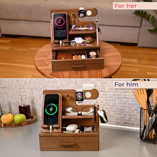 TESLYAR Wood Phone Docking Station with Drawer - Nightstand Organizer - Desk Organizer for Husband - Birthday Gifts for Men, Dad, Anniversary Idea, Key Holder Stand Watch & Accessories (Earth Beige) - Image 5